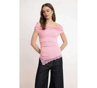 WOVCOR Fitted Carmen Neck Sleeveless Soft Knit Blouse with Lace Detail - Pink - XL