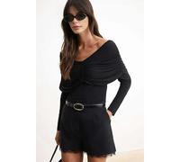 WOVCOR Fitted Carmen Neckline Gathered Detail Long Sleeve Knitted Blouse - Black - S