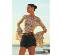 Wovcor Fitted Crop Ruffle Sleeve Lace Blouse Multi