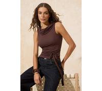 Wovcor Fitted Degaje Neck Ruffle Detail Soft Knit Blouse In Brown Brown