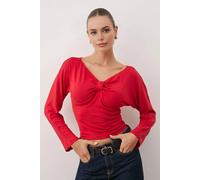 Wovcor Fitted Draped Knit Long Sleeve Blouse With Off-Shoulder Neckline In Red Red M
