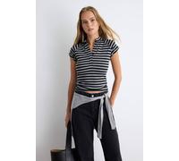 Wovcor Fitted Mandarin Collar Raglan Short Sleeve Ribbed Blouse Multi