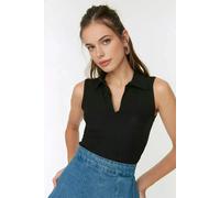 WOVCOR Fitted Polo Collar Crop Stretch Knit Blouse - Black - L