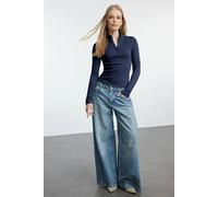 Wovcor Fitted Ribbed Knit Blouse With Zipper Collar In Navy Navy M