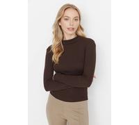 Wovcor Fitted Stand Collar Long Sleeve Ribbed Knit Blouse In Brown Brown XS