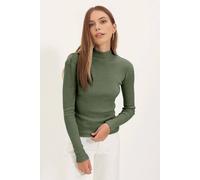 Wovcor Fitted Stand Collar Long Sleeve Ribbed Knit Blouse In Khaki Khaki