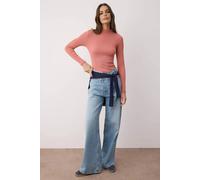 Wovcor Fitted Stand Collar Long Sleeve Ribbed Knit Blouse In Rose Rose M