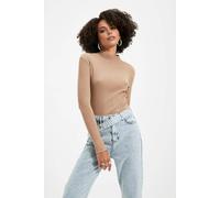 Wovcor Fitted Stand Collar Long Sleeve Ribbed Knit Blouse In Taupe Taupe