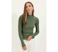WOVCOR Fitted Stand Collar Long Sleeve Ribbed Knit Blouse - Khaki - XS