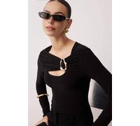 Wovcor Fitted Stretch Knit Blouse With Cut Out And Hardware Detail In Black Black L