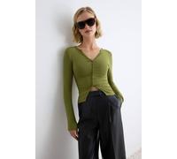 Wovcor Fitted V Neck Button Front Long Sleeve Blouse In Khaki Khaki