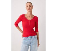 Wovcor Fitted V Neck Button Front Ribbed 3/4 Sleeve Blouse In Red Red