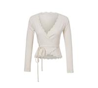 Wovcor Fitted Wrap Neckline Long Sleeve Lace Detail Crop Blouse In Ecru Ecru
