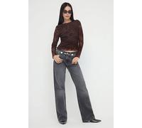 Wovcor Flock Print Tulle Boat Neck Long Sleeve Stretch Knit Blouse In Brown Brown S