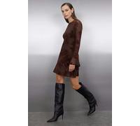 WOVCOR Flock Printed Lined Mini Dress with Tulle Flare Sleeves - Brown - XS