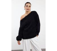 Wovcor Flocked Faux-Fur Off Shoulder Knit Sweater In Black Black