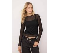Wovcor Flocked Tulle Stretch Knit Blouse With Sheer Finish In Black Black L