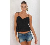 Wovcor Floral Applique Tie Strap Peplum Woven Blouse In Black Black