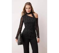 Wovcor Floral Asymmetric Neck Fitted Tulle Knit Blouse With Belt Detail In Black Black
