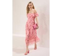 Wovcor Floral Bardot Midi Dress With Frill Hem Detail In Pink Pink