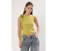 Wovcor Floral Detail Sleeveless Draped Blouse Top In Olive Olive