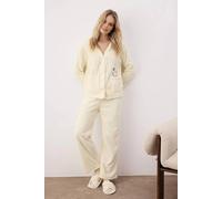 Wovcor Floral Embroidered V Neck Button Through Ribbed Knit Pyjama Set In Ecru Ecru