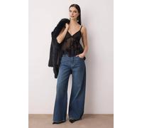 Wovcor Floral Flock Ruffle Detail Tulle Party Blouse In Black Black