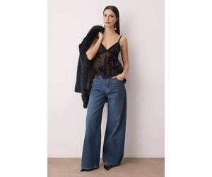 Wovcor Floral Flock Ruffle Detail Tulle Party Blouse In Black Black