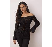 Wovcor Floral Flock Tulle Tie Front Bardot Party Blouse In Black Black 6