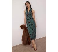 Wovcor Floral Halterneck Draped Knit Tulle Midi Dress Multi 10