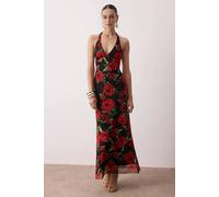Wovcor Floral Halterneck Maxi Evening Dress With Sheer Tulle Multi