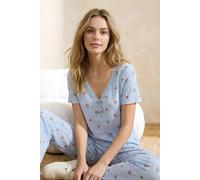 Wovcor Floral Lace Trim V Neck Short Sleeve Crinkle Knit Pyjama Set In Blue Blue XS