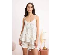 Wovcor Floral Print Frill Detail Cami Strap Viscose Pyjama Set In Ecru Ecru