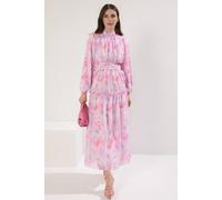 Wovcor Floral Print Frill Detail High Neck Chiffon Maxi Dress Multi