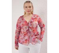 Wovcor Floral Print Frill Detail Tie Front Sheer Long Sleeve Blouse Multi
