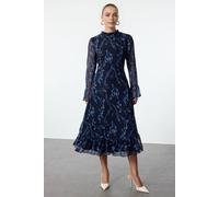Wovcor Floral Print High Neck Sheer Sleeve Midi Dress Multi