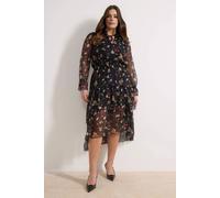 Wovcor Floral Print Sheer Sleeve High-Low Midi Dress With Tie Neck Multi