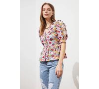 Wovcor Floral Puff Sleeve Printed Peplum Shirt Multi