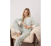 Wovcor Floral Viscose Woven Lace Trim Long Sleeve Pyjama Set In Green Green 6