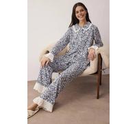 Wovcor Floral Viscose Woven Lace Trim Long Sleeve Pyjama Set In Navy Navy