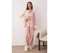 Wovcor Floral Viscose Woven Lace Trim Long Sleeve Pyjama Set In Pink Pink