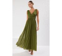 Wovcor Flowy V Neck Maxi Evening Dress With Gathered Waist Detail In Olive Olive