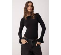 Wovcor Frill Cuff Detail Boat Neck Knitted Bodysuit In Black Black 8