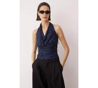 Wovcor Fringed Sequin V Neck Party Blouse In Navy Navy