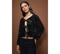 Wovcor Front Tie Sequin Detail Party Jacket In Black Black