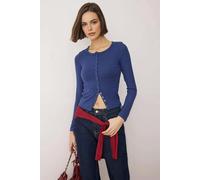 WOVCOR Full Front Snap Fitted Knit Blouse - Navy - L
