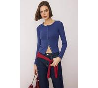 Wovcor Full Front Snap Fitted Stretch Knit Blouse In Navy Navy