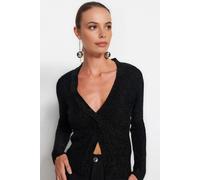 Wovcor Glitter Knit V-Neck Slit Detail Sweater In Black Black