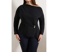 WOVCOR Gold Accessory Asymmetrical Collar Long Sleeve Woven Plus Size Blouse - Black - 14