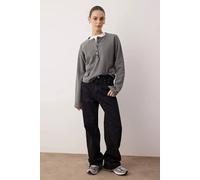 Wovcor Half Placket Thick Knit Blouse With Button Detail In Dark Grey Dark Grey